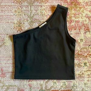 One shoulder black top